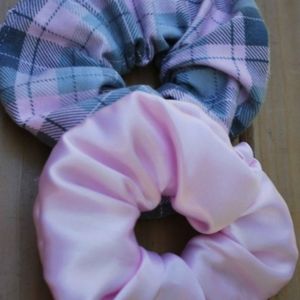 Silky bubble gum pink and plaid pink scrunchies